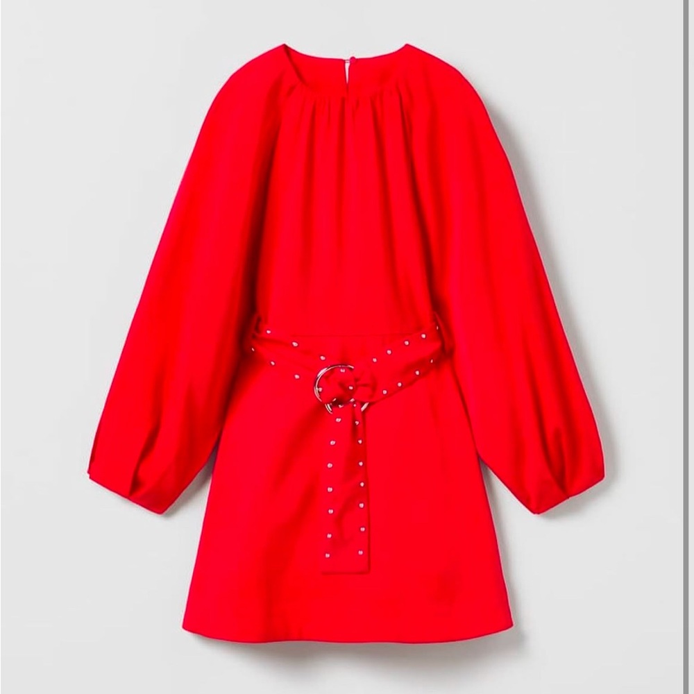 NWT ZARA Girls Red Long Sleeve Twill Dress With Studded Belt size 13-14